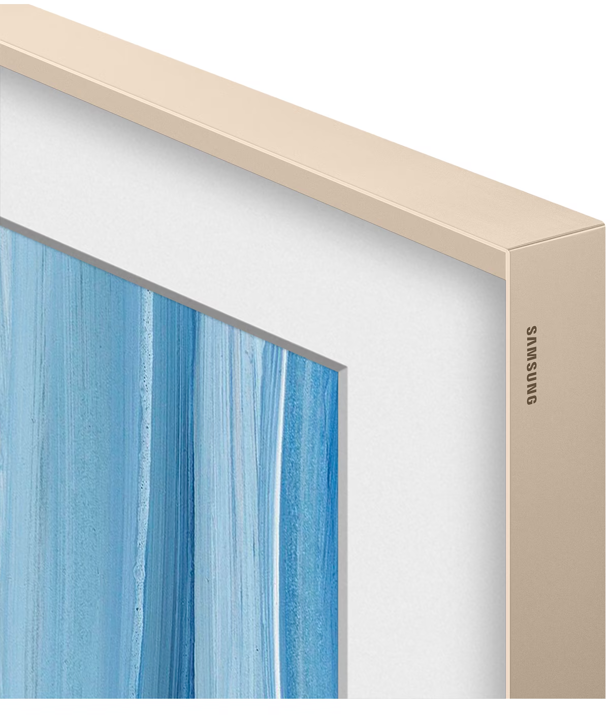 Beiger Rahmen auf einem Fernseher mit abstrakten blauen und weißen vertikalen Pinselstrichen.