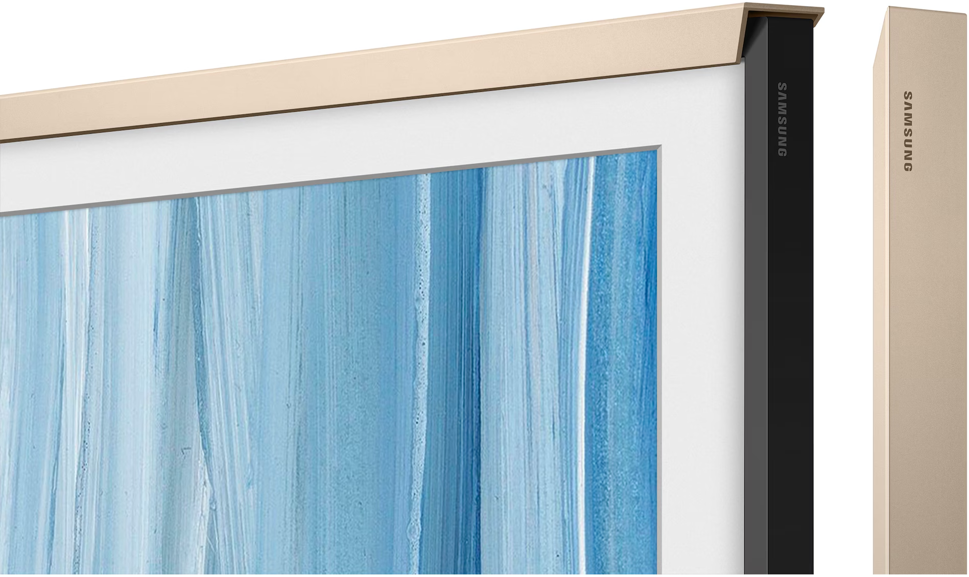 Goldener Samsung TV-Rahmen mit schwarzem Streifen und blauem Bild.