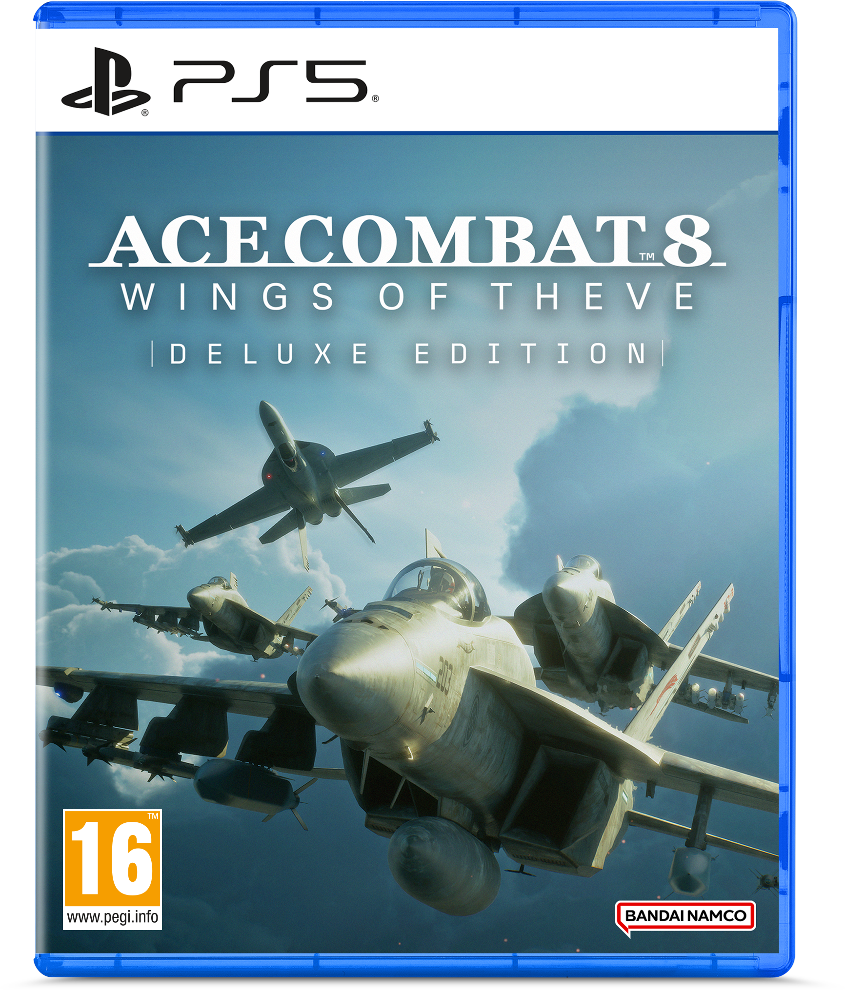 Pudełko gry PS5 z myśliwcami na niebie. Ace Combat 8.