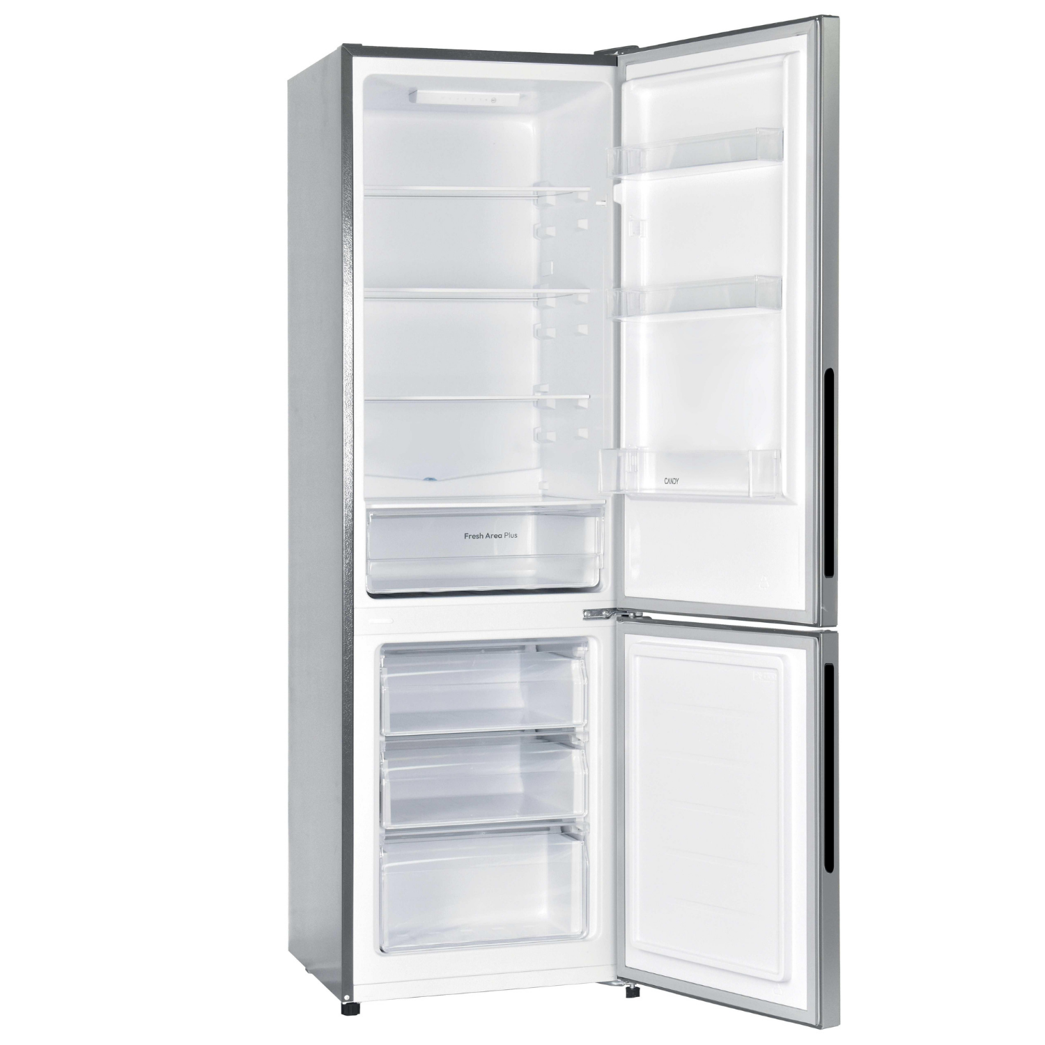 Un refrigerador plateado abierto con varios estantes y cajones.