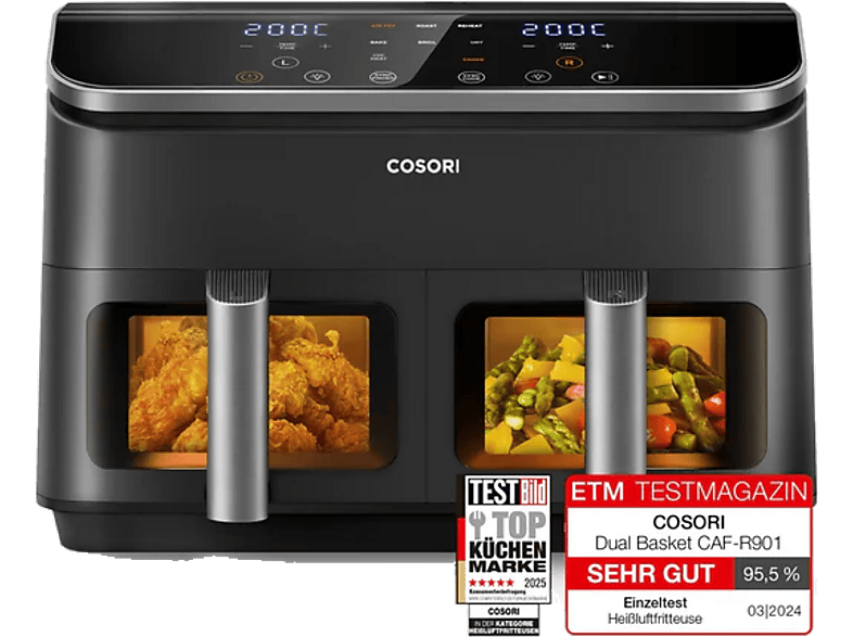 Cosori CAF-R901-AEUR Doppel-Heißluftfritteuse 4,25 l + 4,25 l, 1750 Watt, Schwarz