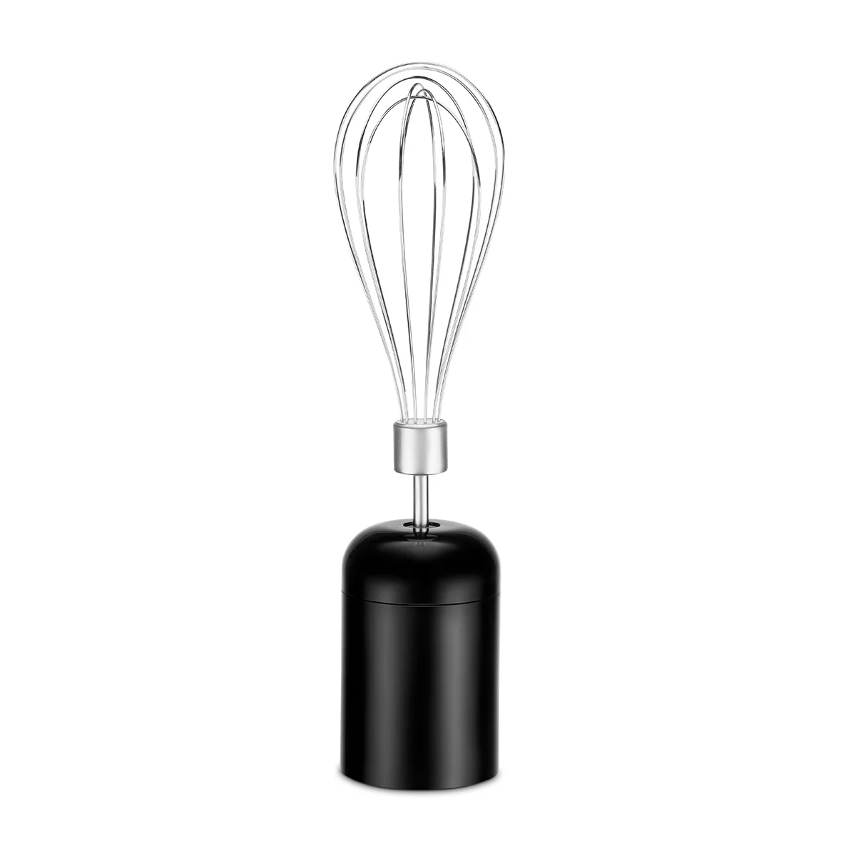 Un accesorio negro para batidora de mano con un batidor plateado sobre fondo blanco.