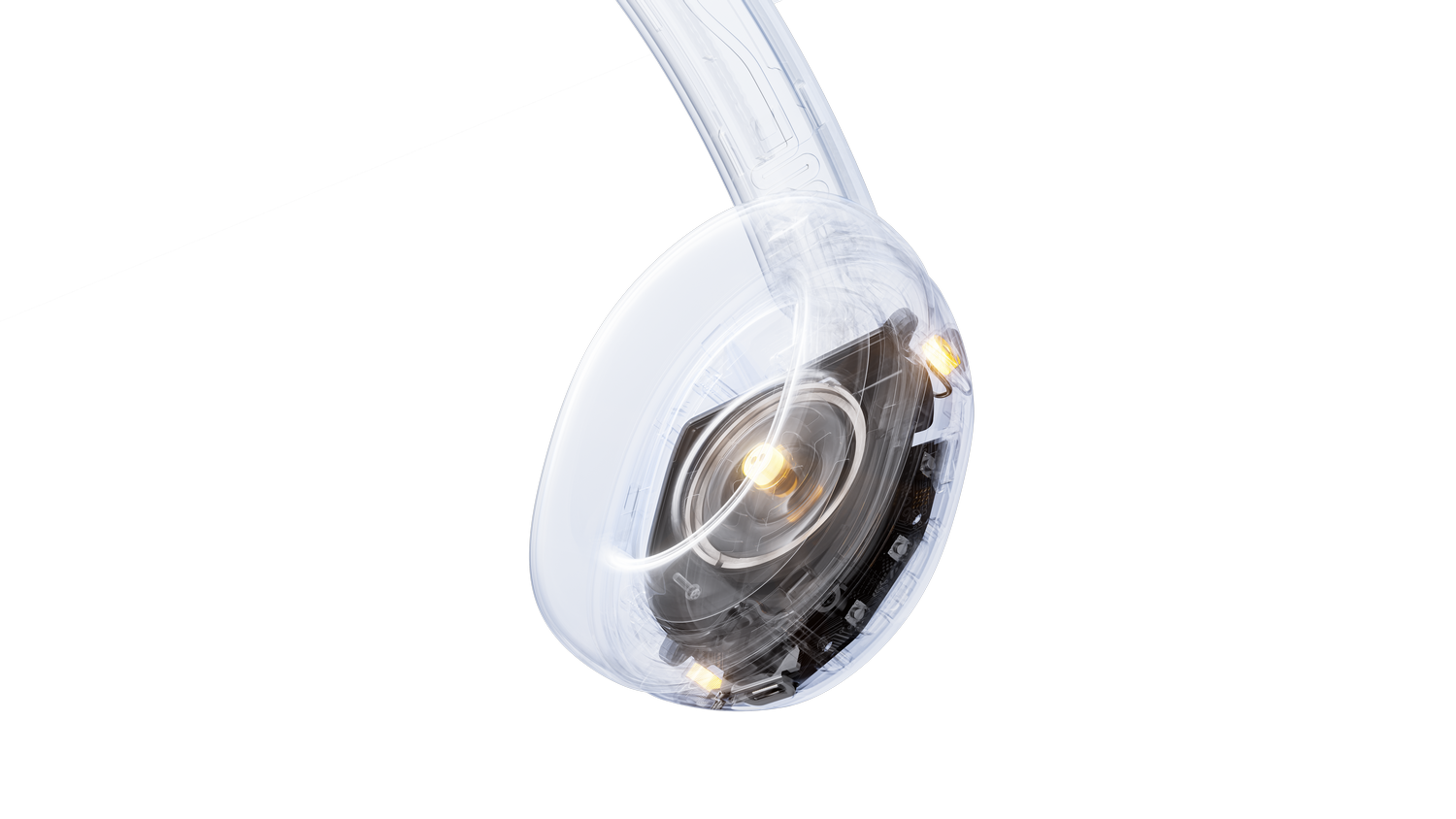 Auricular transparente que muestra altavoz, luces amarillas y cableado interno.
