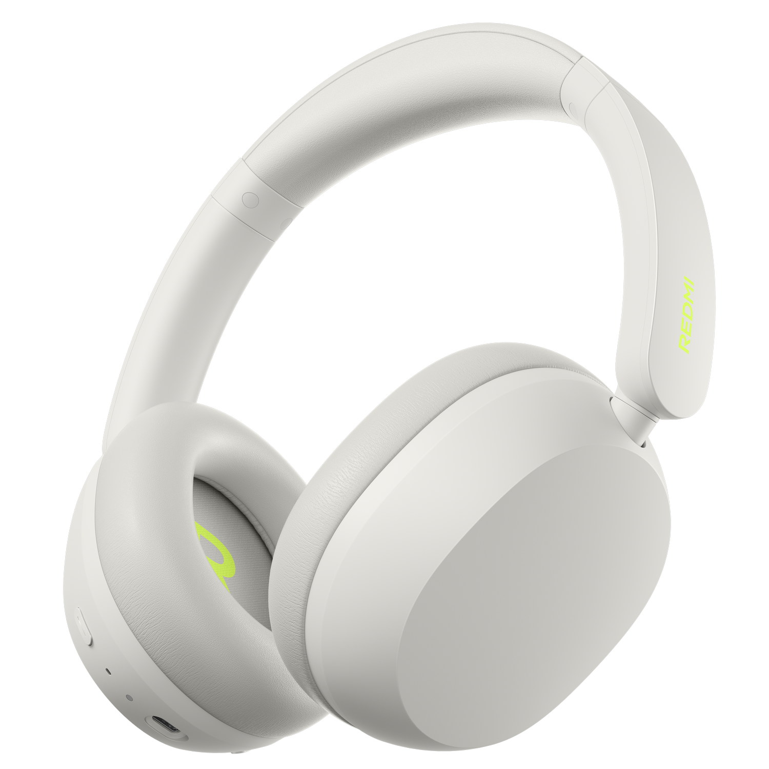 Auriculares blancos con logo rojo y puerto de carga sobre fondo negro.