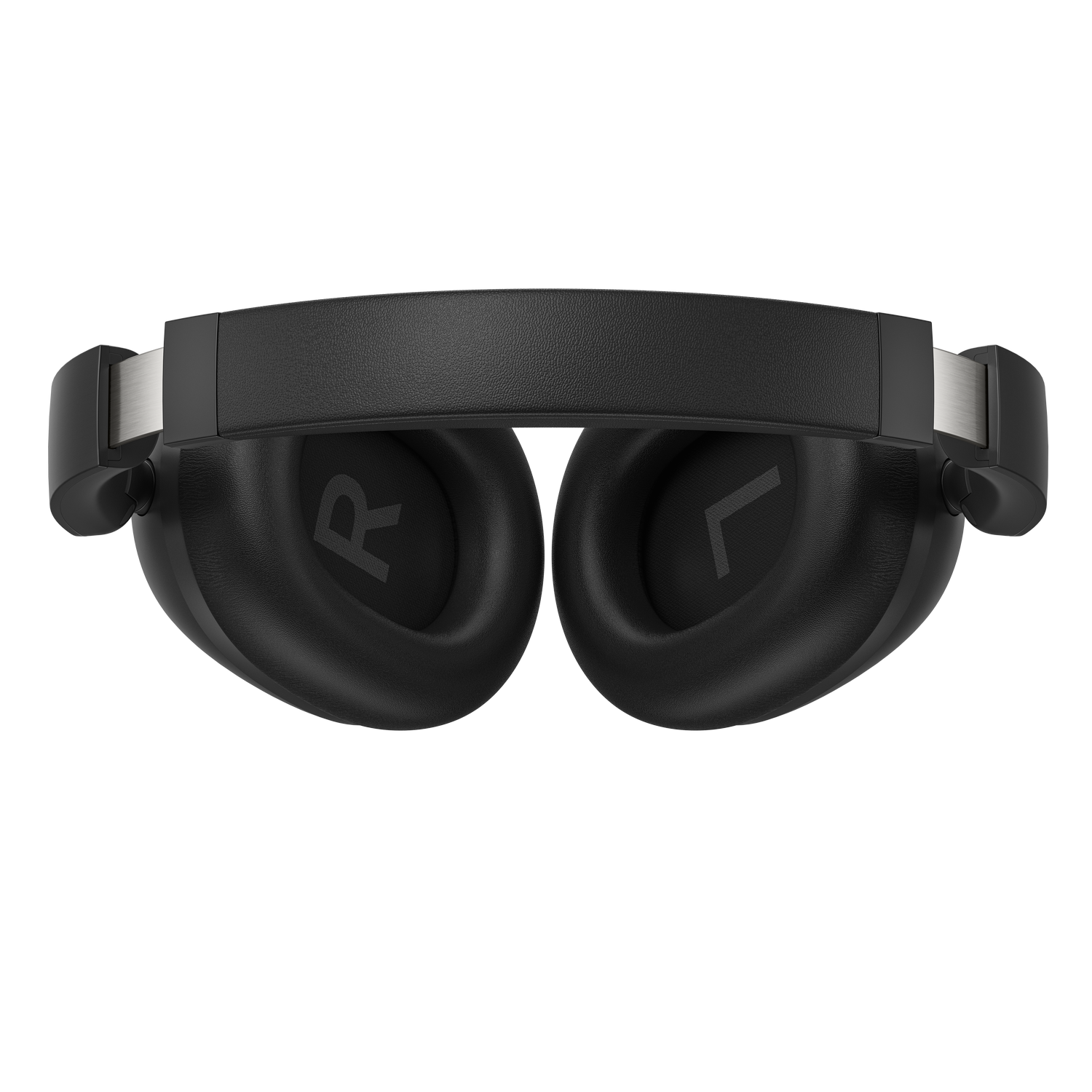 Auriculares negros con detalles plateados y marcas 'R'/'L'.
