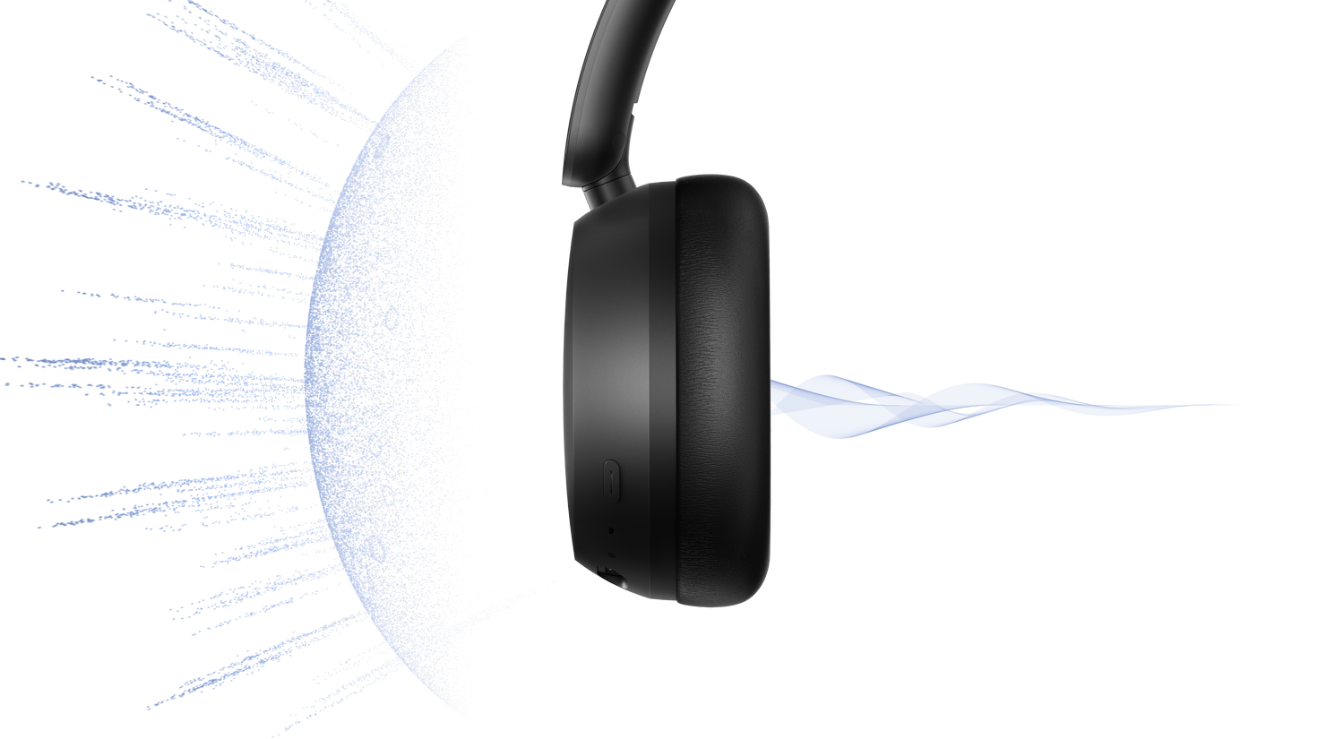 Auriculares negros con patrones abstractos de ondas sonoras azules sobre fondo gris.
