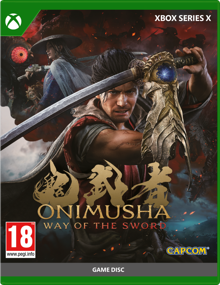 Okładka gry Onimusha: Way of the Sword. Mężczyzna dzierży miecz, patrzy do przodu. Za nim kobieta i jednooki potwór.