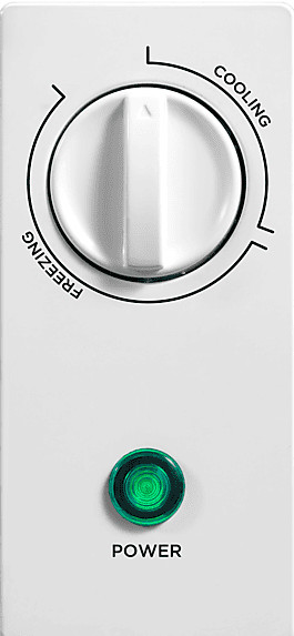Białe pokrętło z oznaczeniami "FREEZING" i "COOLING" oraz zielonym wskaźnikiem "POWER".