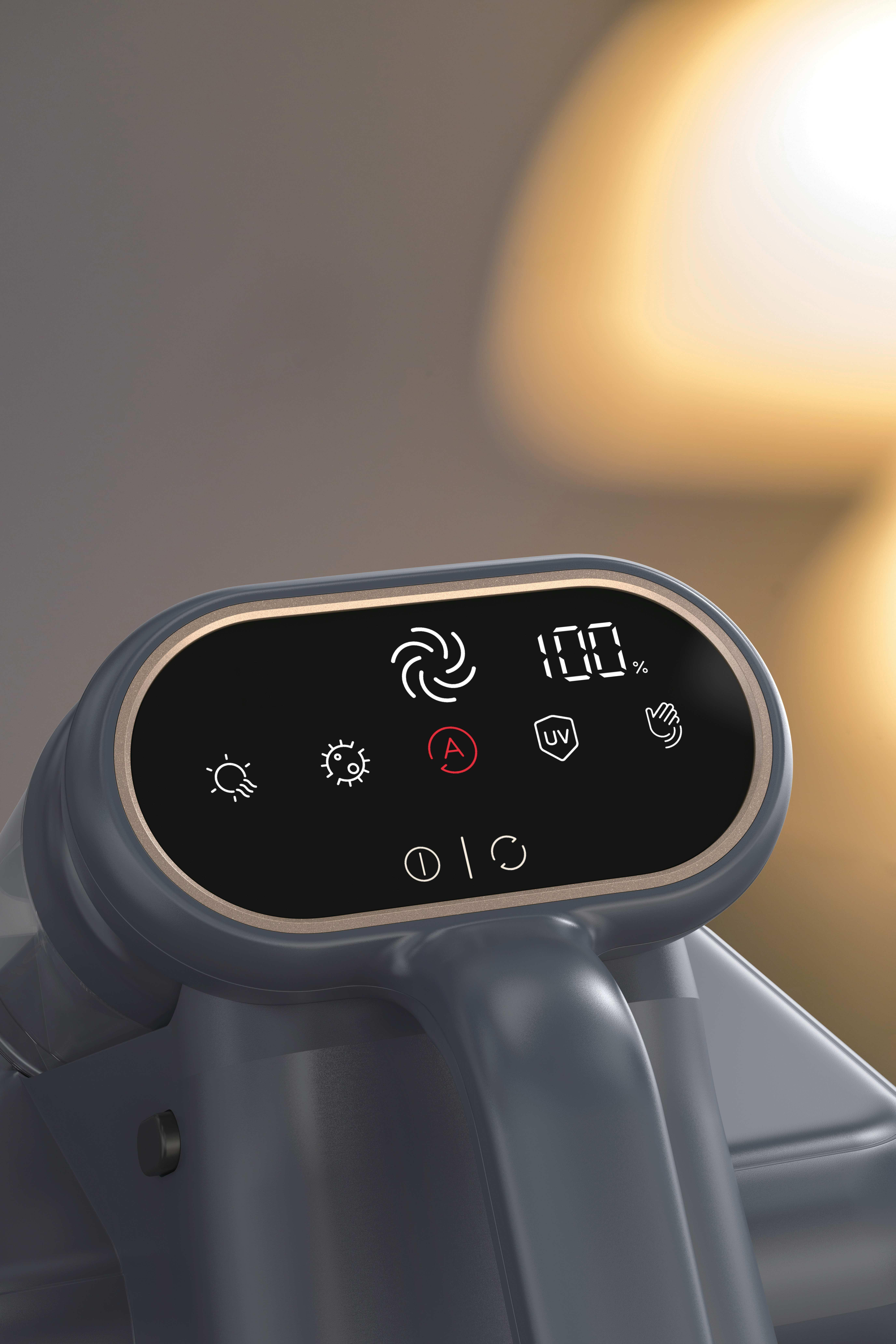 Graues Gerät mit digitalem Display zeigt 100% und Symbole für Lüfter, UV und mehr.