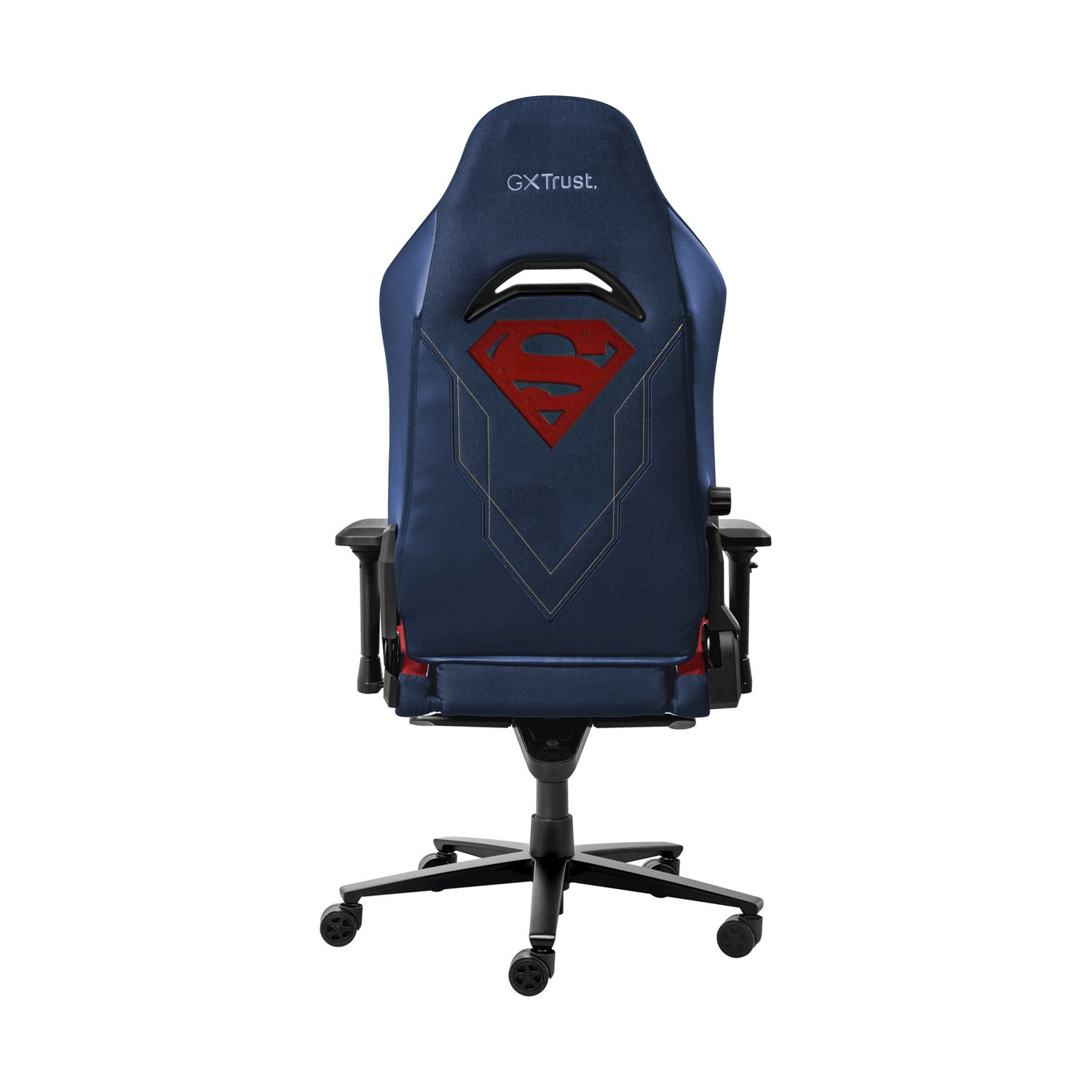 Una sedia da gaming blu con il logo di Superman sul retro.