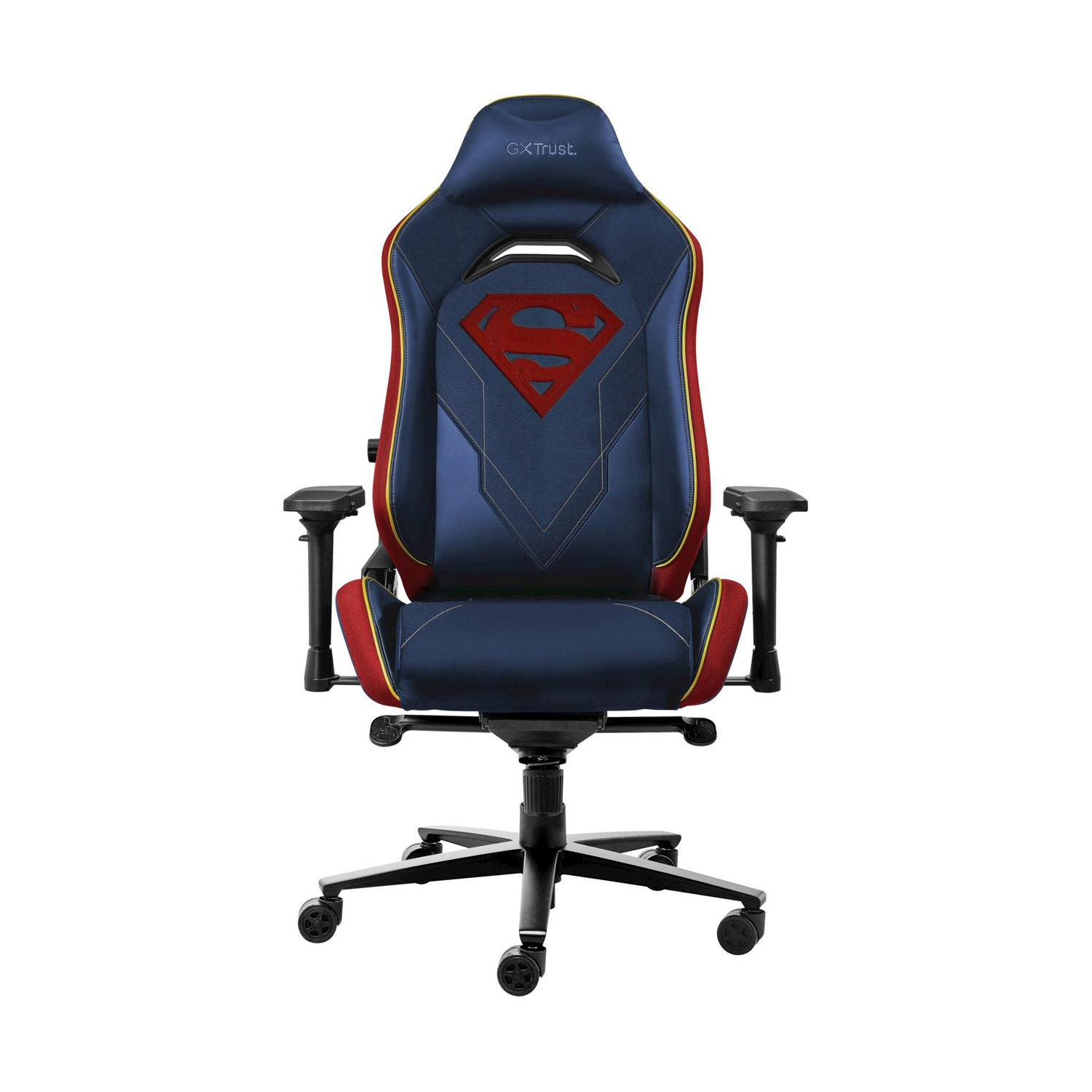Una sedia da gaming blu con logo Superman, accenti rossi e profili gialli.