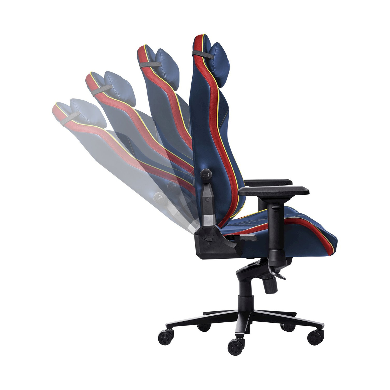 Una sedia da gaming blu con accenti rossi e gialli, mostrata reclinata.