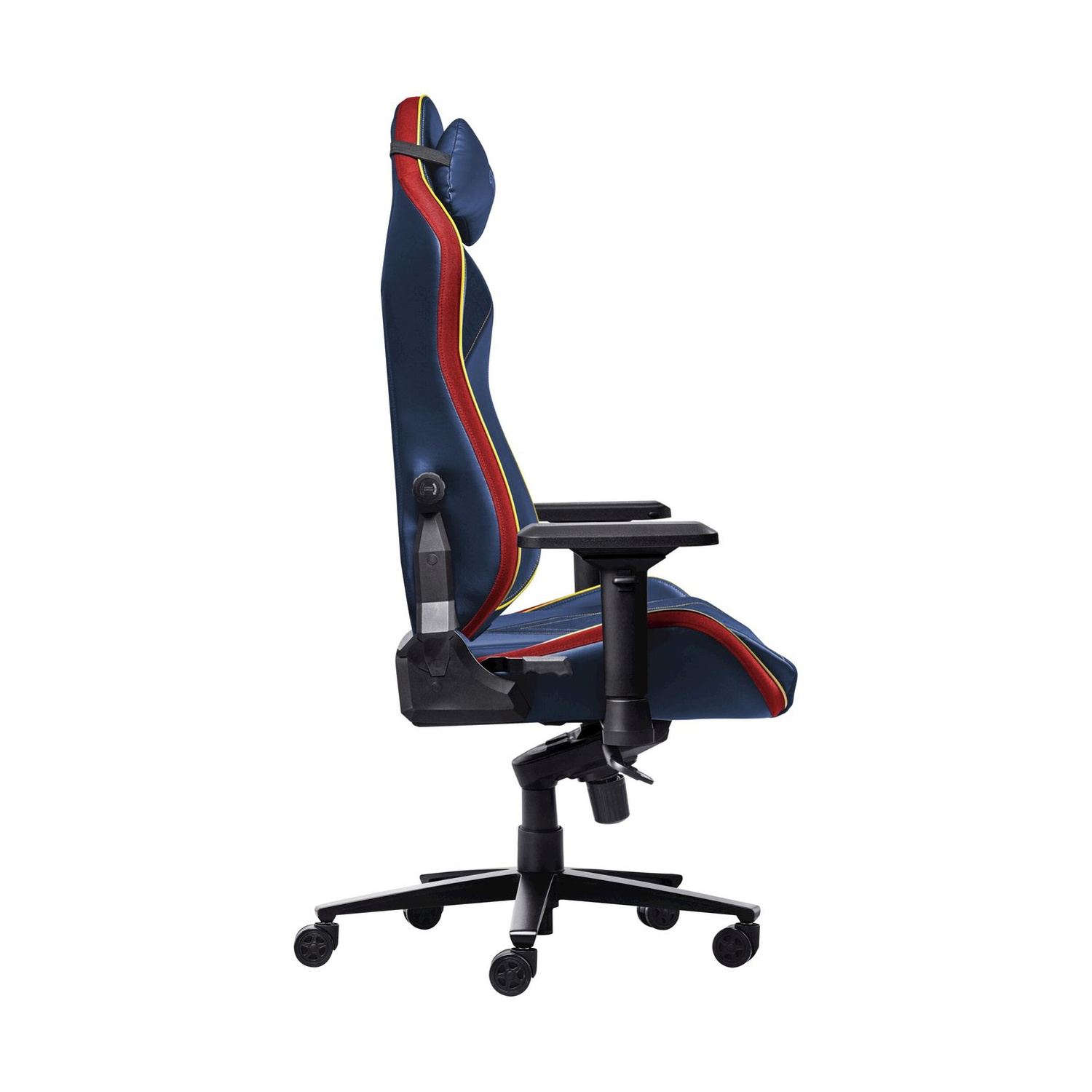 Sedia da gaming blu con accenti rossi e gialli, vista laterale, su sfondo bianco.