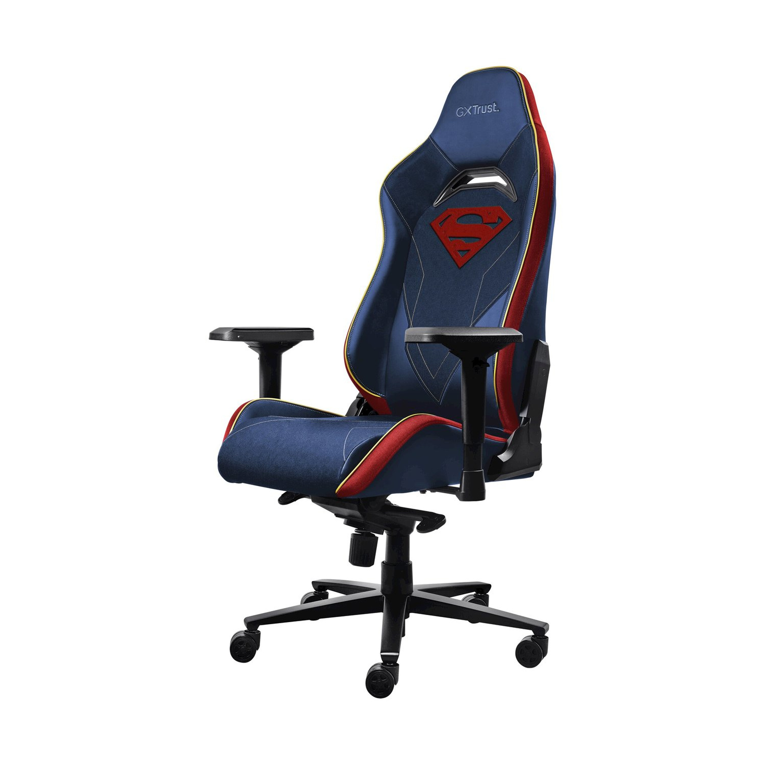 Una sedia da gaming blu con logo Superman e accenti rossi su sfondo bianco.