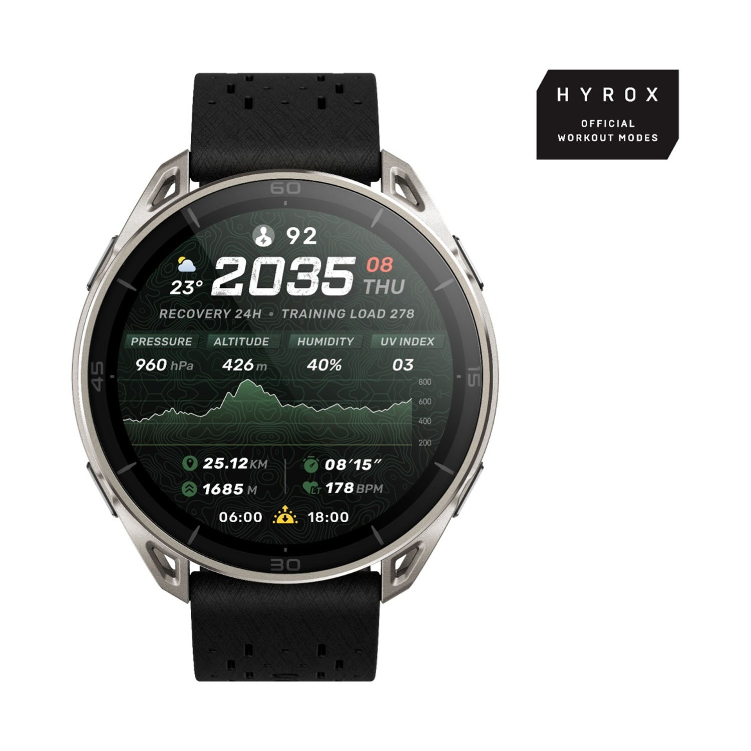 Orologio Hyrox mostra ora 20:35, temp. 23°, recupero, carico allenamento, pressione, altitudine, umidità, UV.