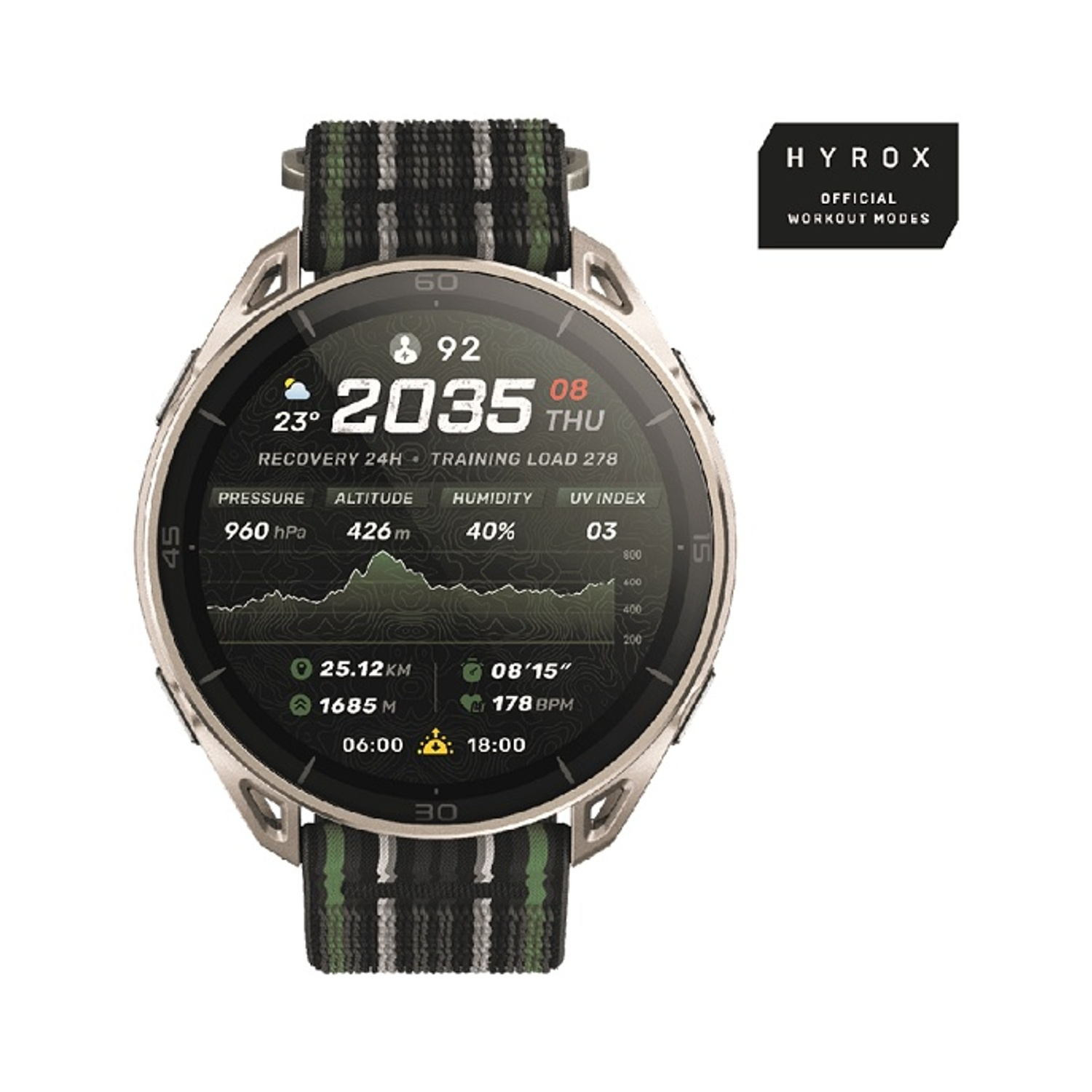 Smartwatch HYROX argento con cinturino verde e nero. Mostra ora, meteo, battito cardiaco.
