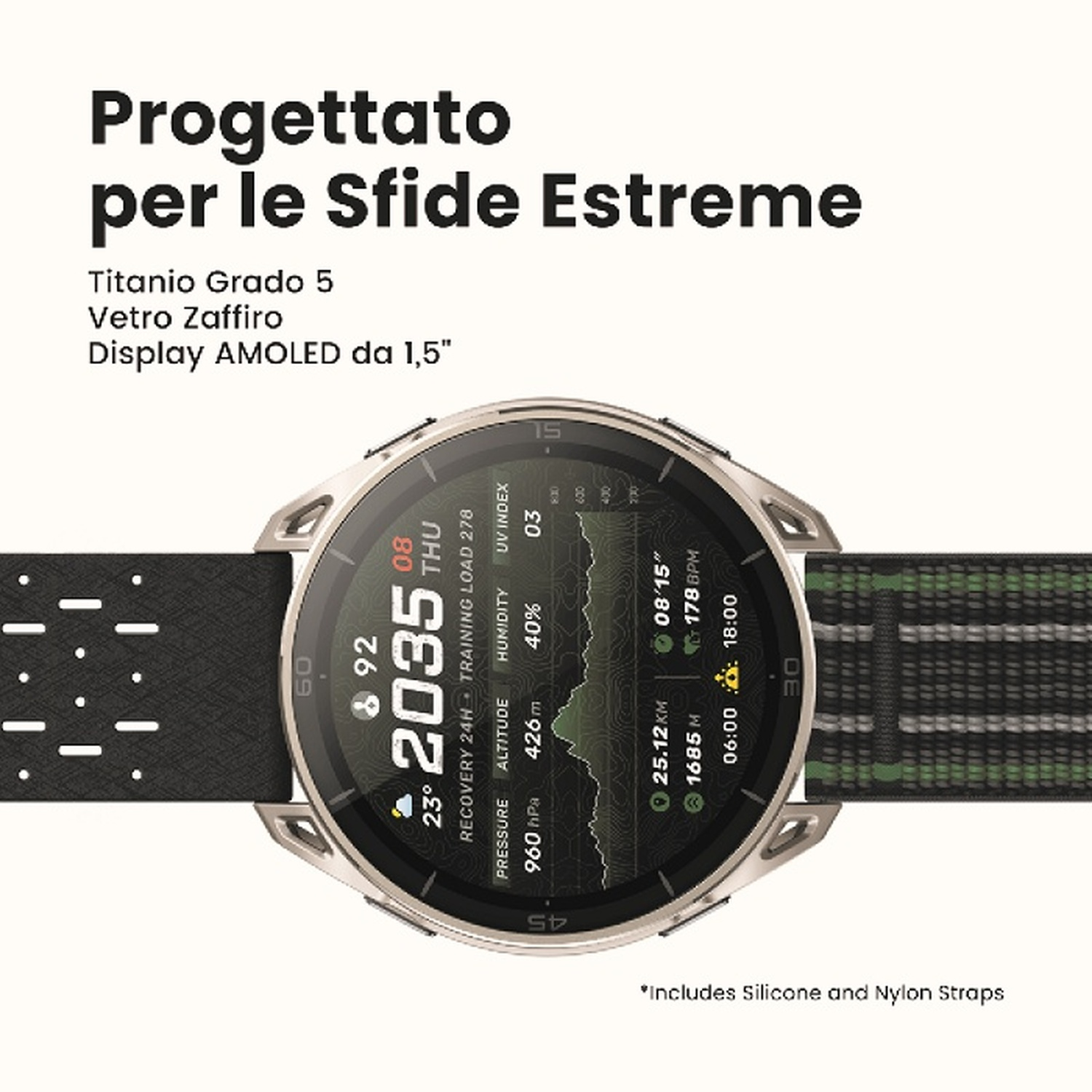 Uno smartwatch argento con cinturino nero mostra dati di allenamento. Testo: Progettato per le Sfide Estreme.