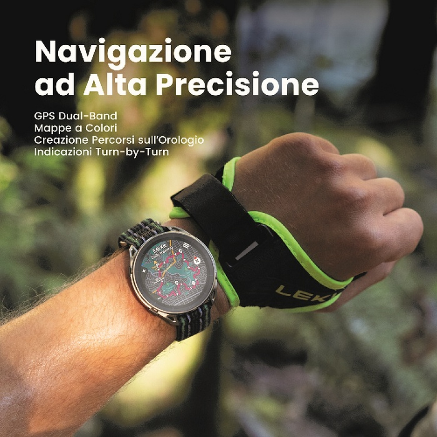 Orologio da polso mostra mappa navigazione con percorsi e testo. Mano indossa fascia sportiva.