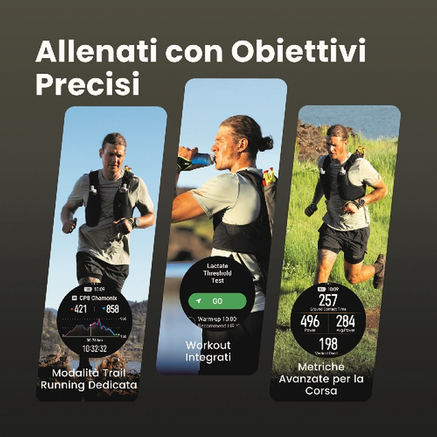 Tre uomini che corrono con orologi sportivi che mostrano dati di allenamento.