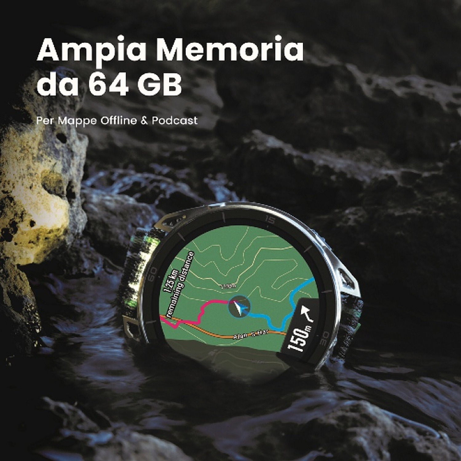Uno smartwatch con mappa nell'acqua. Testo: 64 GB di memoria.