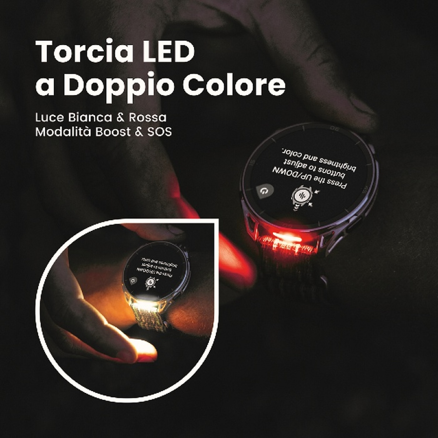 Una mano tiene uno smartwatch con luce LED bianca e rossa.
