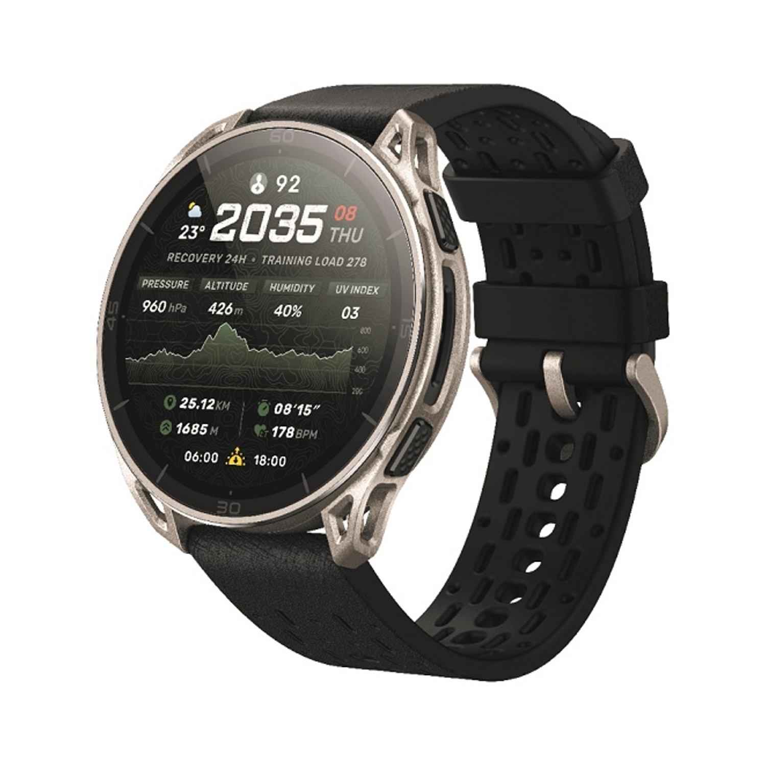 Uno smartwatch argentato e nero mostra uno schermo circolare con ora, meteo e dati di fitness.