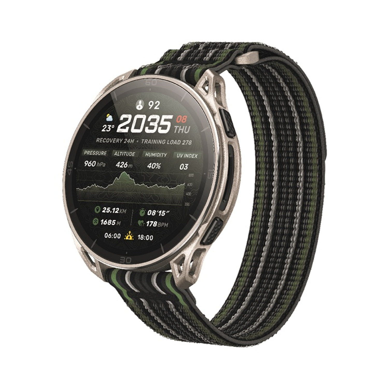 Uno smartwatch con cassa argentata e cinturino multicolore. Il display mostra dati.