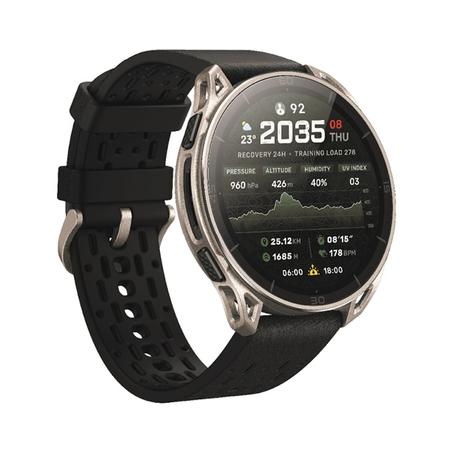 Uno smartwatch grigio con cinturino nero e display dettagliato.