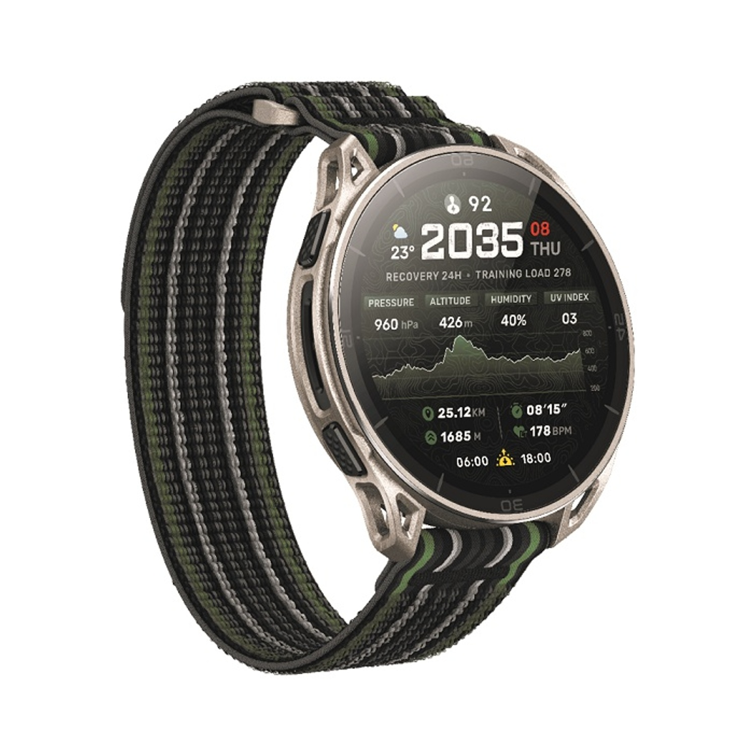 Orologio in tessuto grigio e verde con cassa argentata e display scuro.