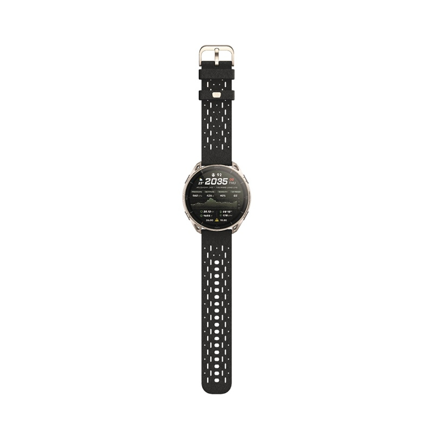 Uno smartwatch nero con cassa argentata e cinturino traforato su sfondo bianco.