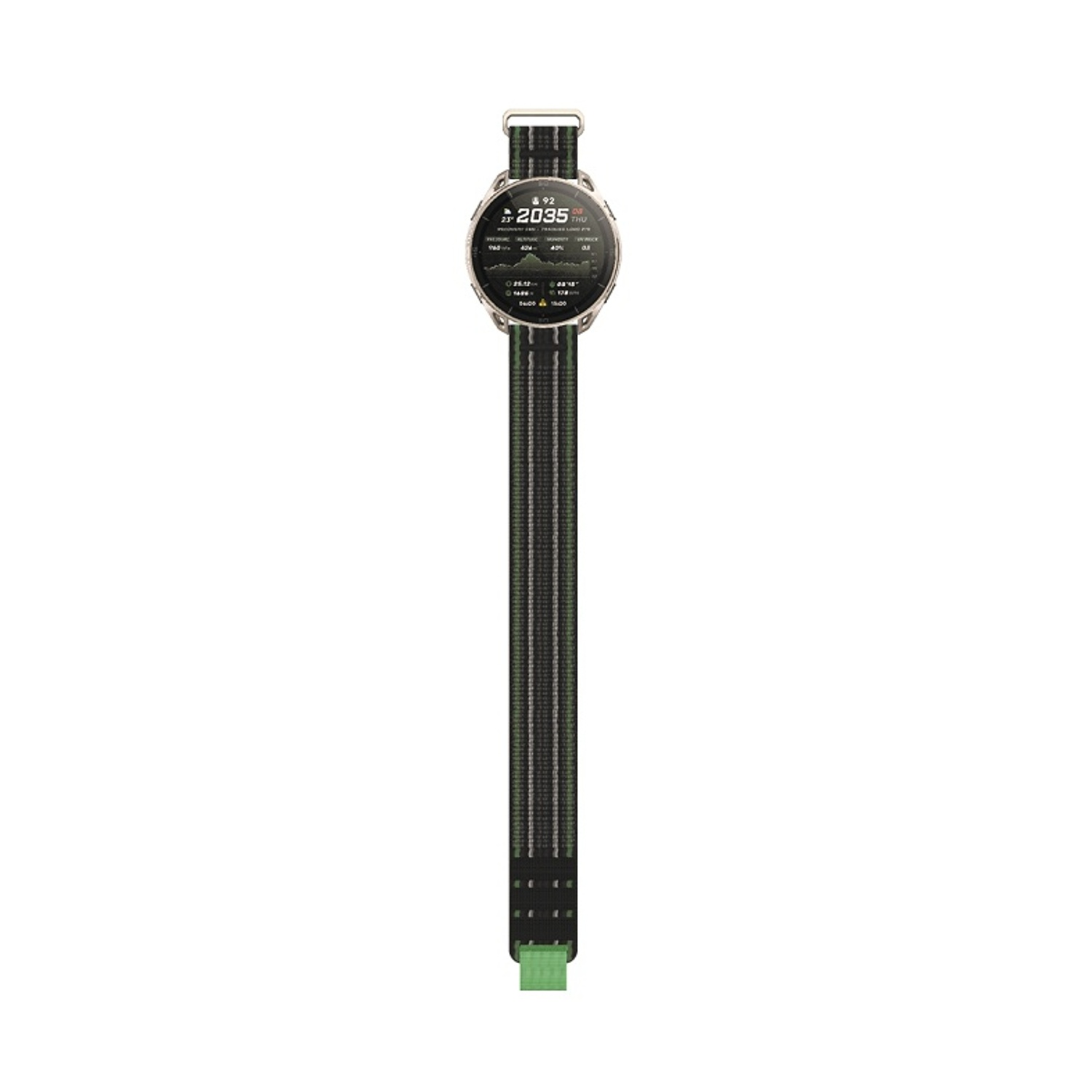 Uno smartwatch digitale con cinturino in tessuto verde e nero e display rotondo.