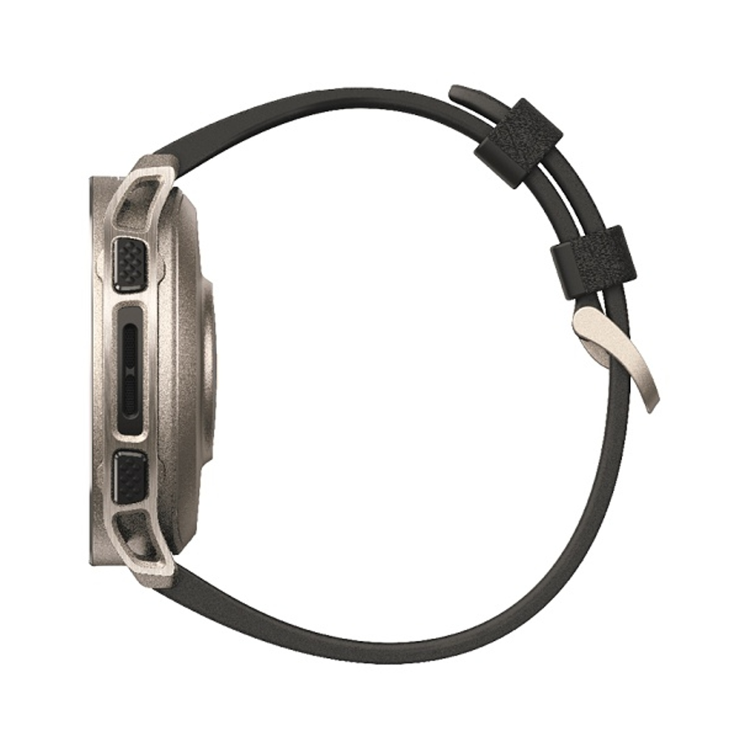 Orologio intelligente grigio con cinturino nero e fibbia argentata, vista laterale.