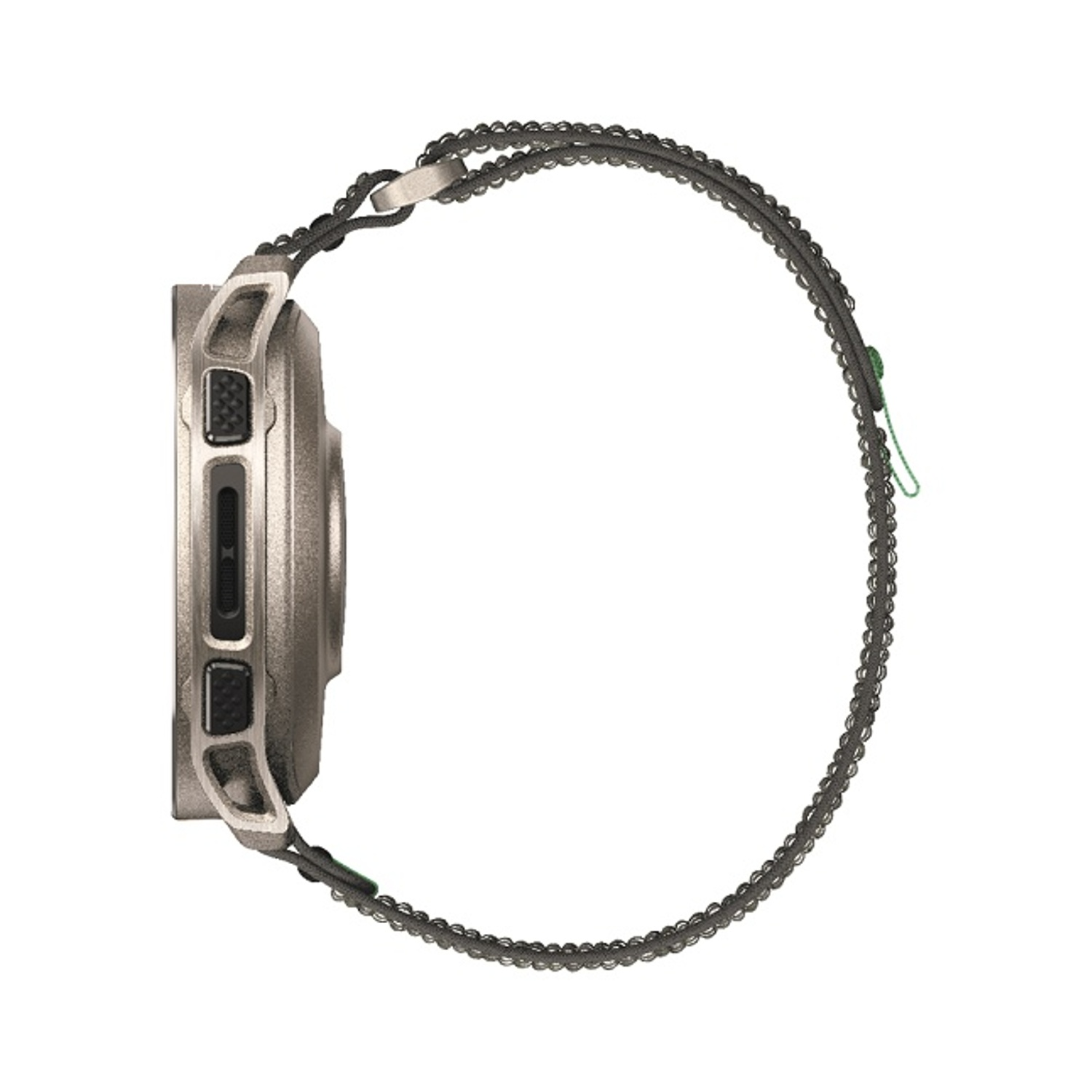 Smartwatch grigio con cinturino perline e pulsanti laterali.