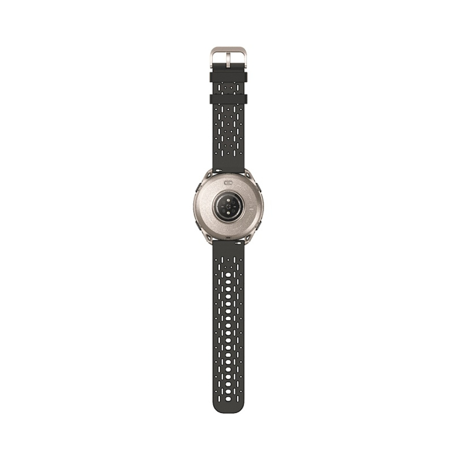 Uno smartwatch argentato con cinturino nero traforato.