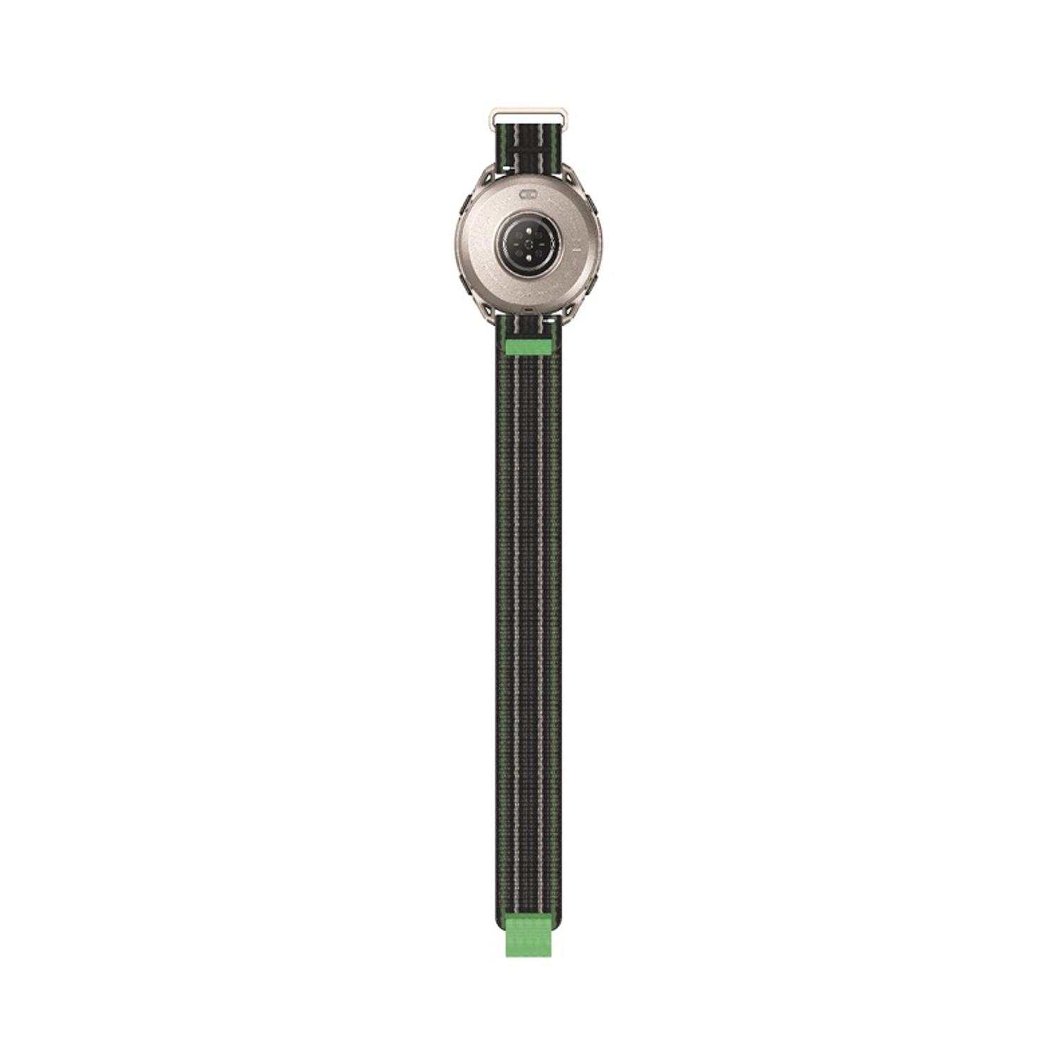 Retro di uno smartwatch con cassa argentata e cinturino in tessuto nero a strisce verdi.