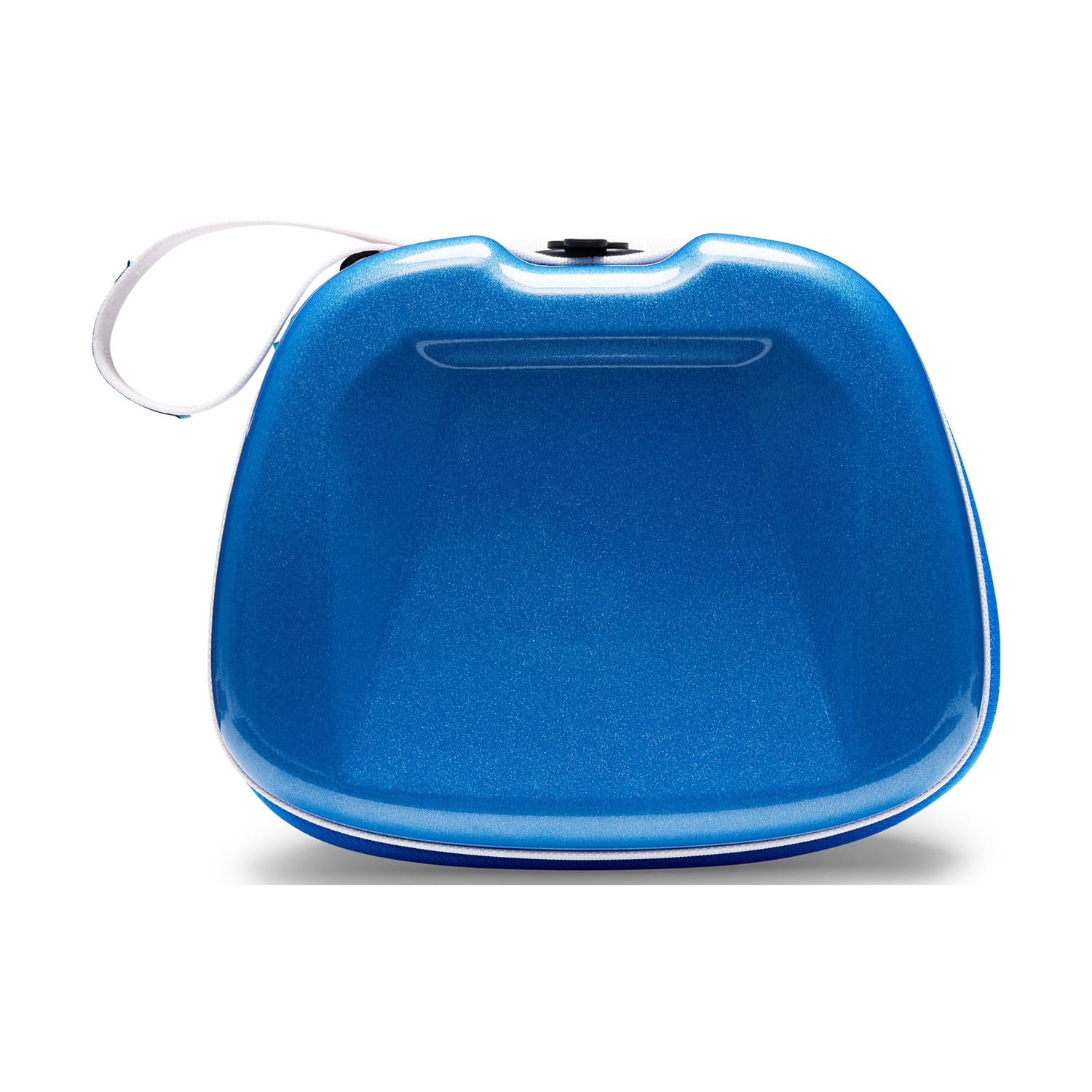 Custodia blu lucida con cinturino bianco, isolata su sfondo bianco.