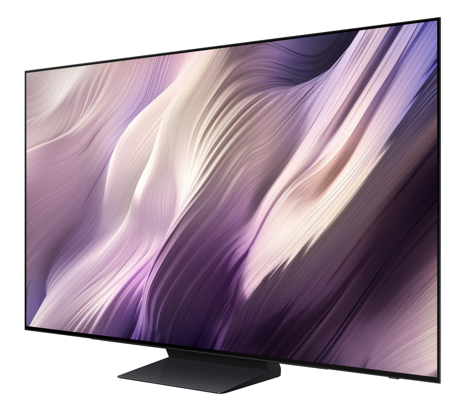 Nowoczesny telewizor wyświetlający abstrakcyjny fioletowo-biały wygaszacz ekranu.