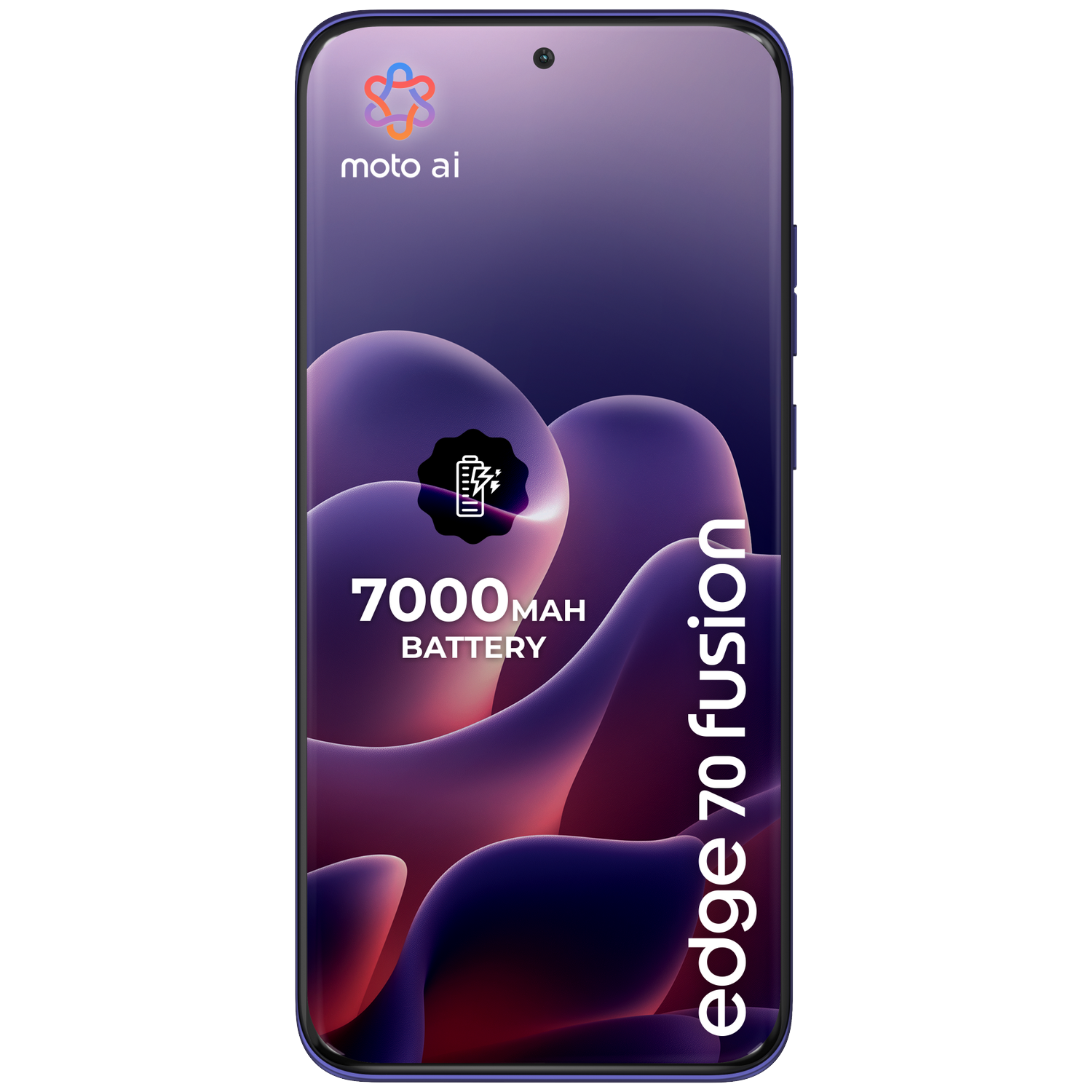 Paarse smartphone met "moto ai" logo, 7000mAh batterij en "edge 70 fusion" tekst.