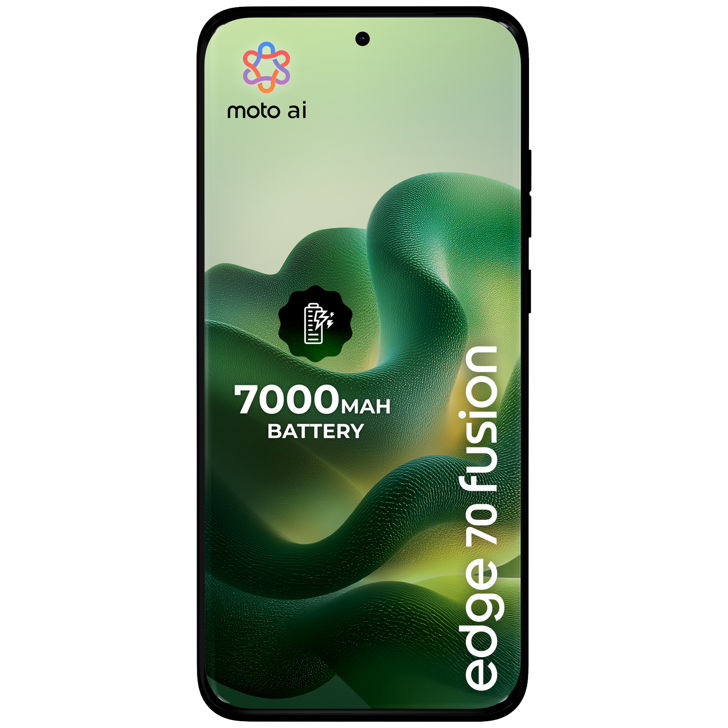 Motorola Edge 70 Fusion met 7000 mAh batterij en moto ai logo op groene achtergrond.