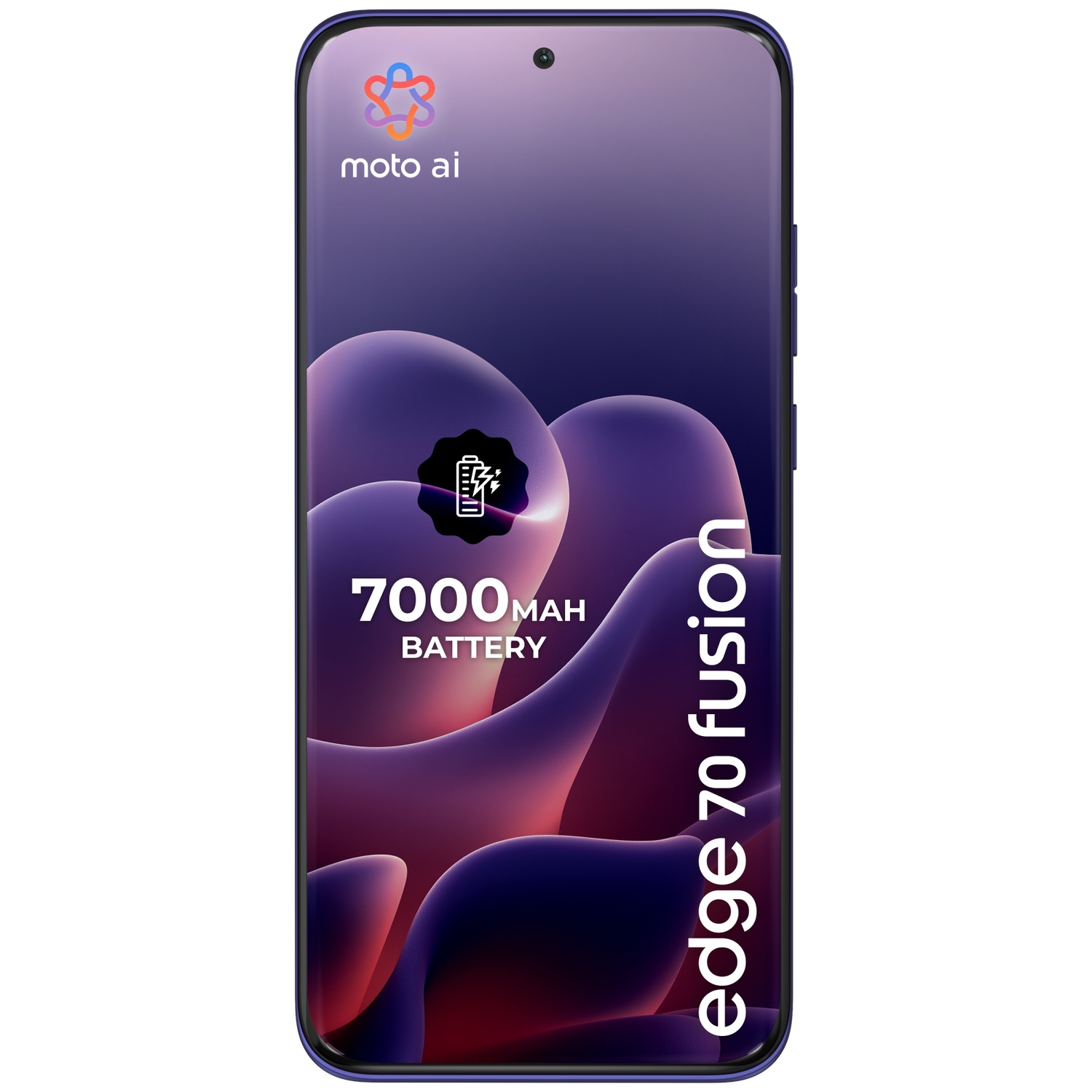 A blue smartphone displaying "moto ai" and "7000mAh BATTERY".
