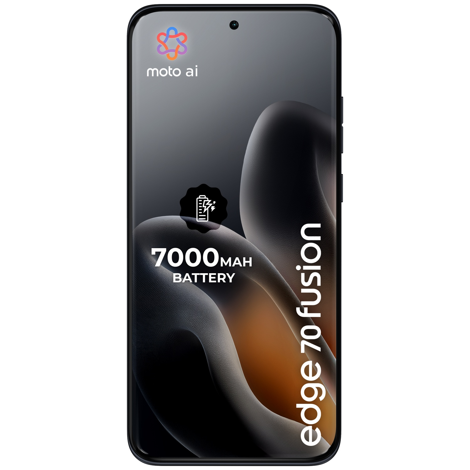 A smartphone featuring 'moto ai', a 7000mAh battery, and 'edge 70 fusion'.