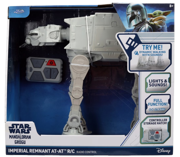 Graues ferngesteuertes AT-AT-Spielzeug mit Mandalorian- und Grogu-Motiv.