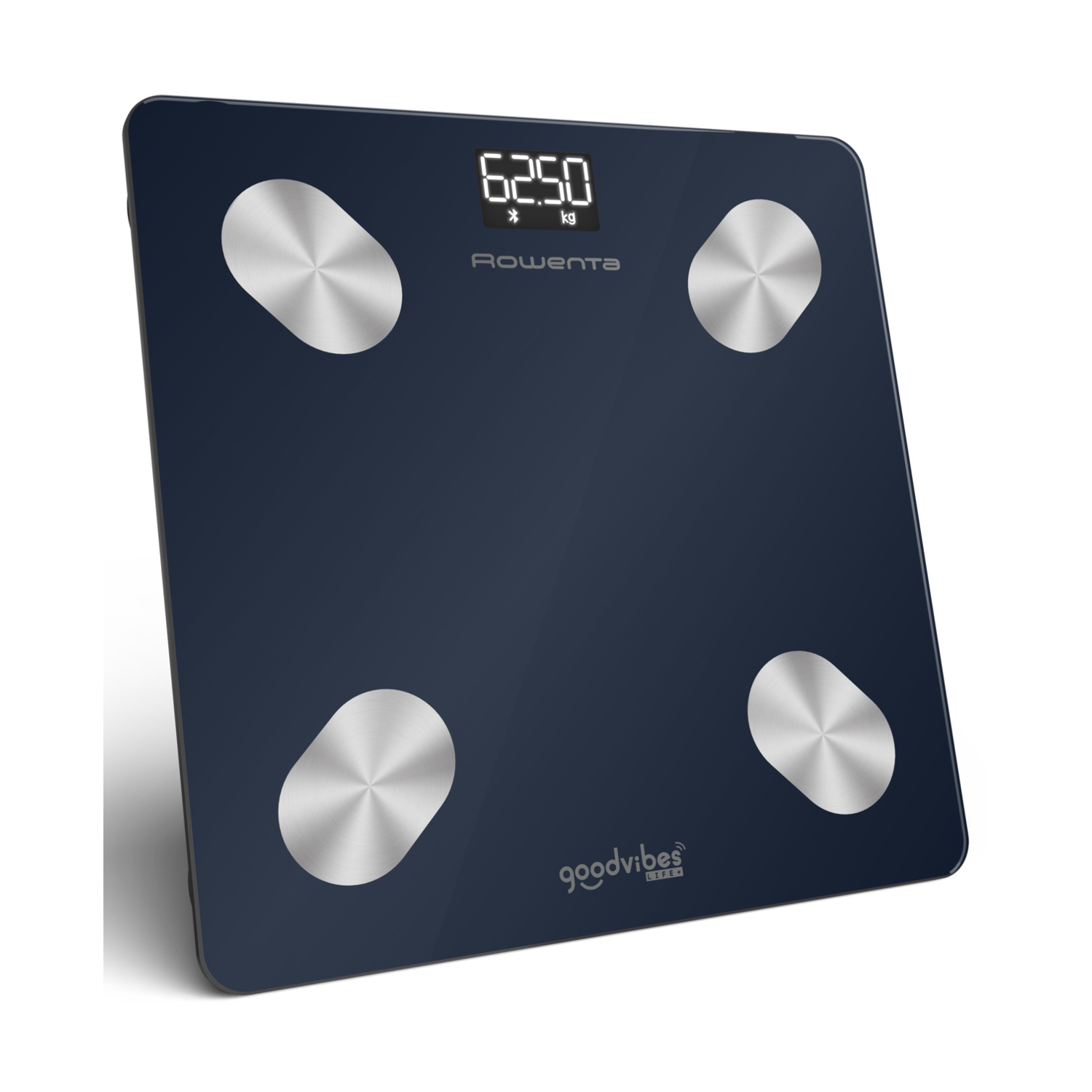 Una bilancia digitale blu scuro con elettrodi argentati e display che mostra 62,50 kg.