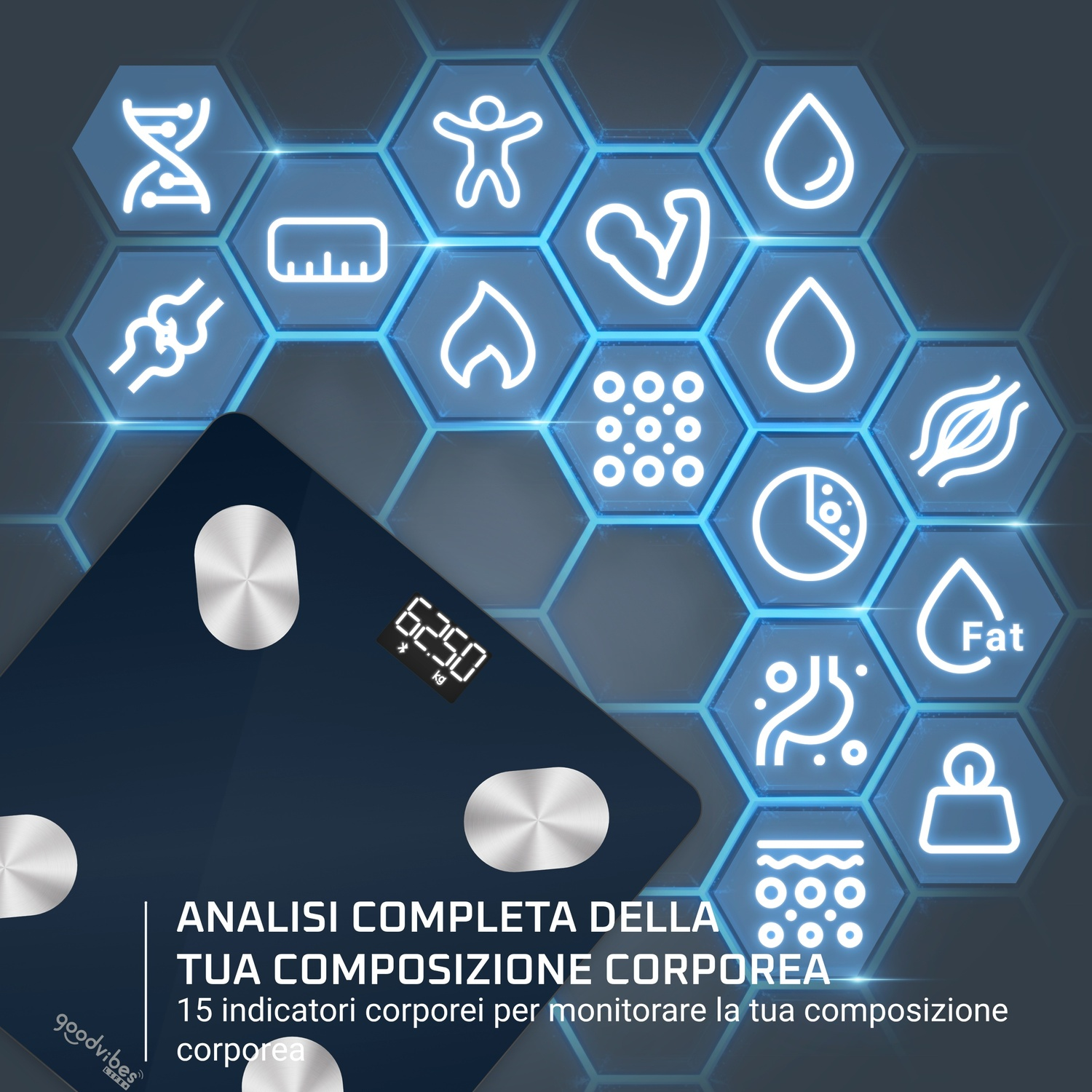 Bilancia digitale scura mostra peso; icone per analisi composizione corporea.
