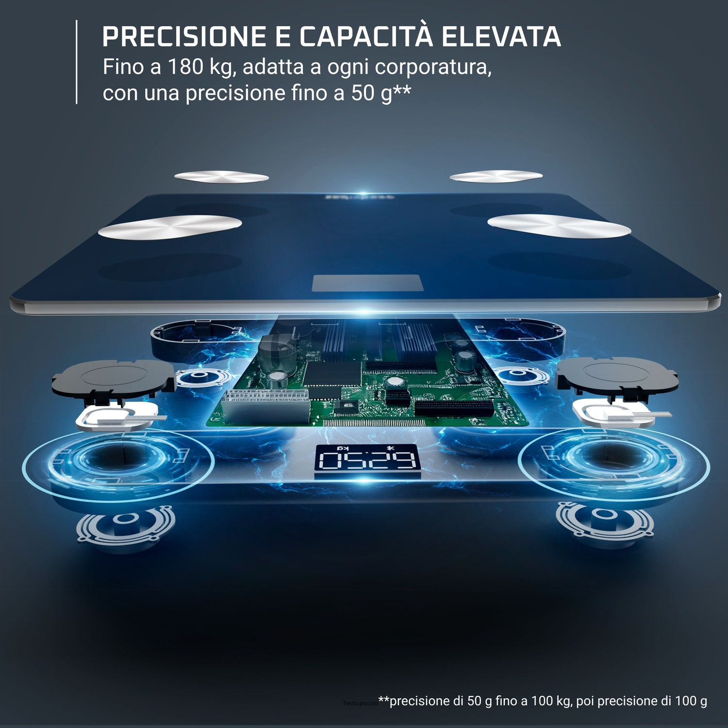 Una bilancia digitale con elettronica esposta e illuminazione blu.