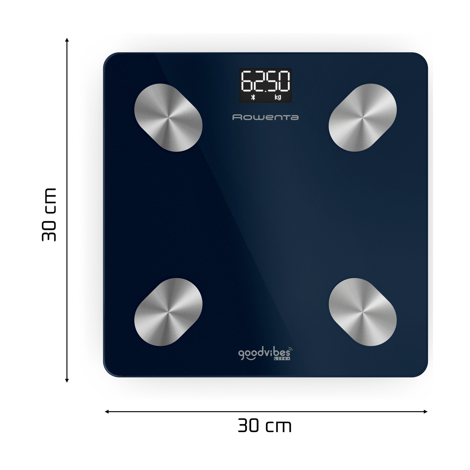 Bilancia digitale blu scuro con quattro elettrodi metallici e display LCD.
