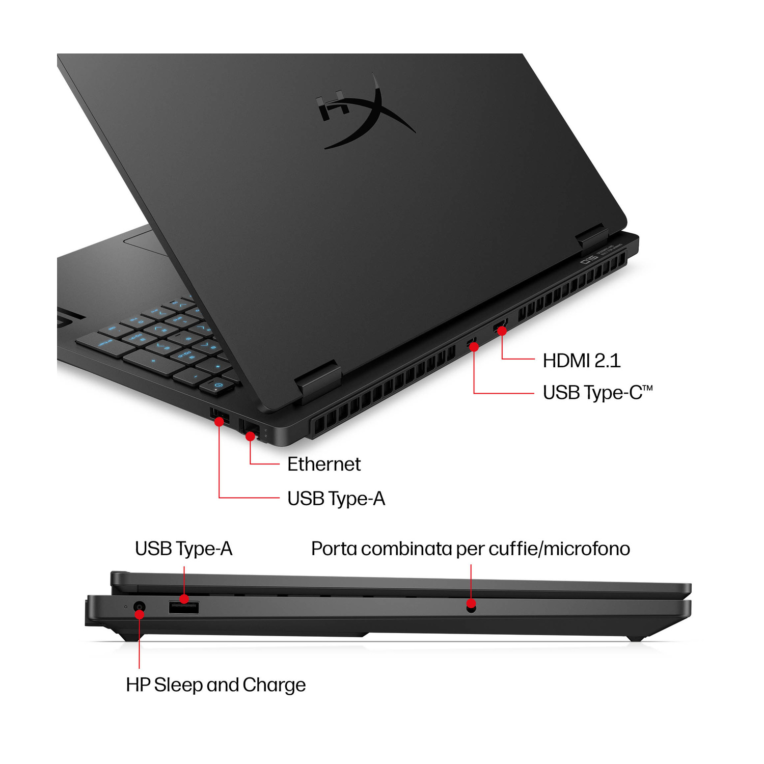 Laptop nero che mostra le porte: HDMI, USB-C, Ethernet, USB-A, jack cuffie/microfono.