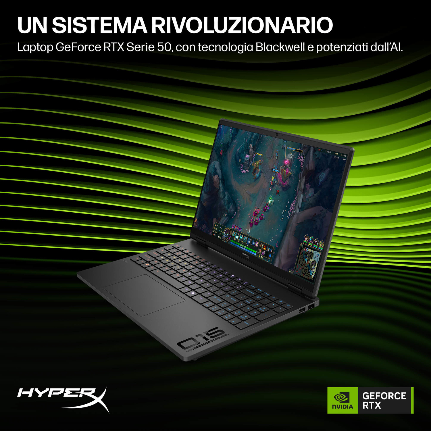 Laptop nero con schermo acceso che mostra un gioco. Linee verdi sullo sfondo.
