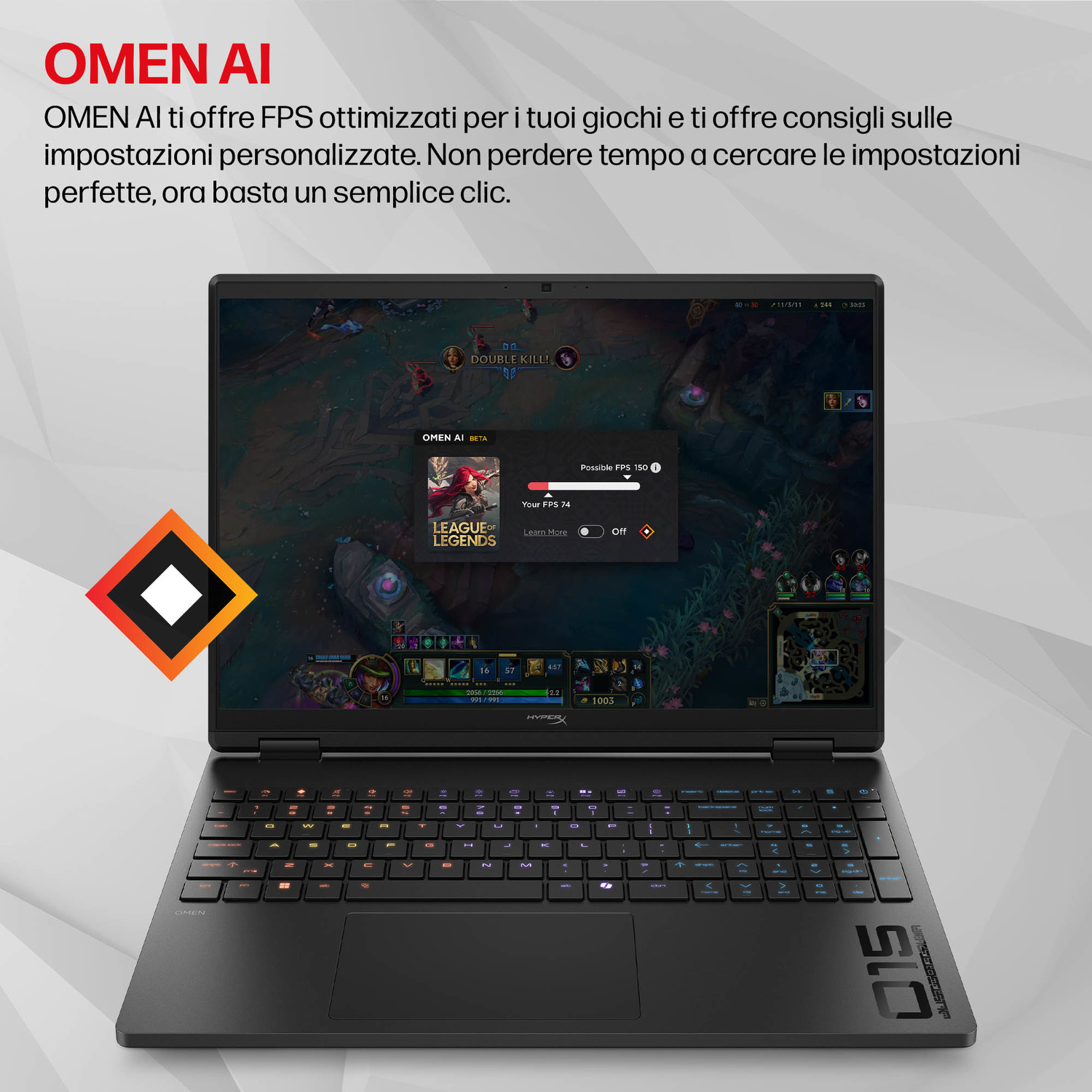 Un laptop mostra League of Legends con software OMEN AI che visualizza FPS.