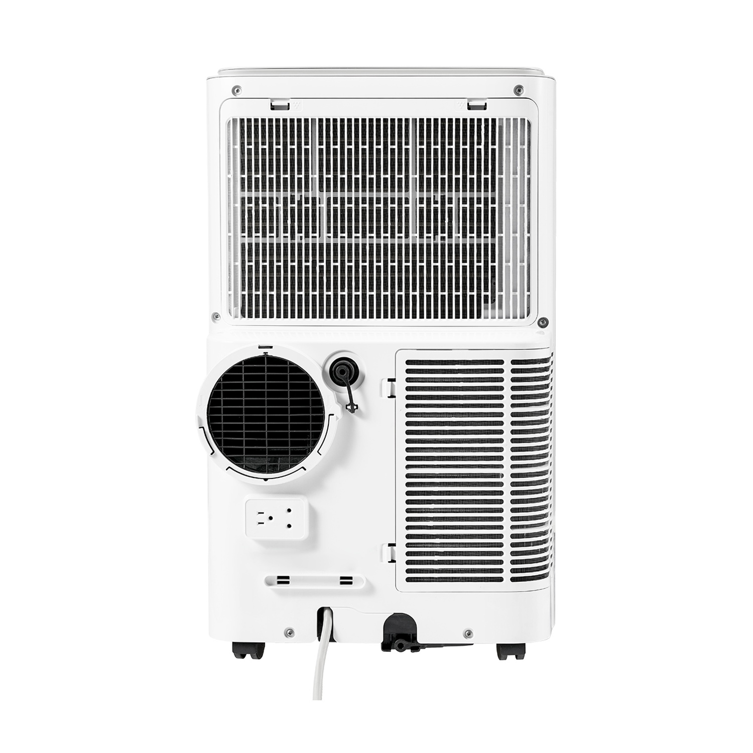 Retro di un condizionatore portatile bianco con prese d'aria e ruote.